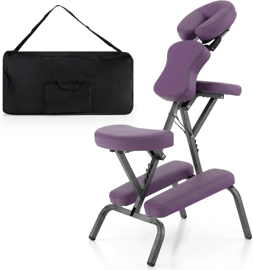 Sedia da Massaggio Pieghevole e Leggera, per Viaggi Tatuaggi e SPA, Sedia da Massaggio con Altezza Regolabile con Poggiatesta e Borsa da Trasporto (Viola)