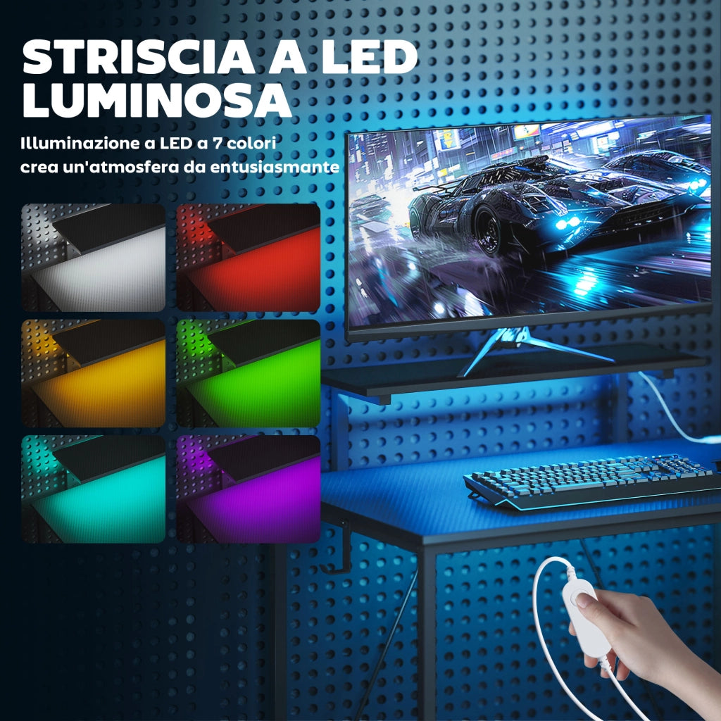 Scrivania Gaming Angolare con LED, Prese Elettriche, Supporto per Monitor e Scaffale, Nero
