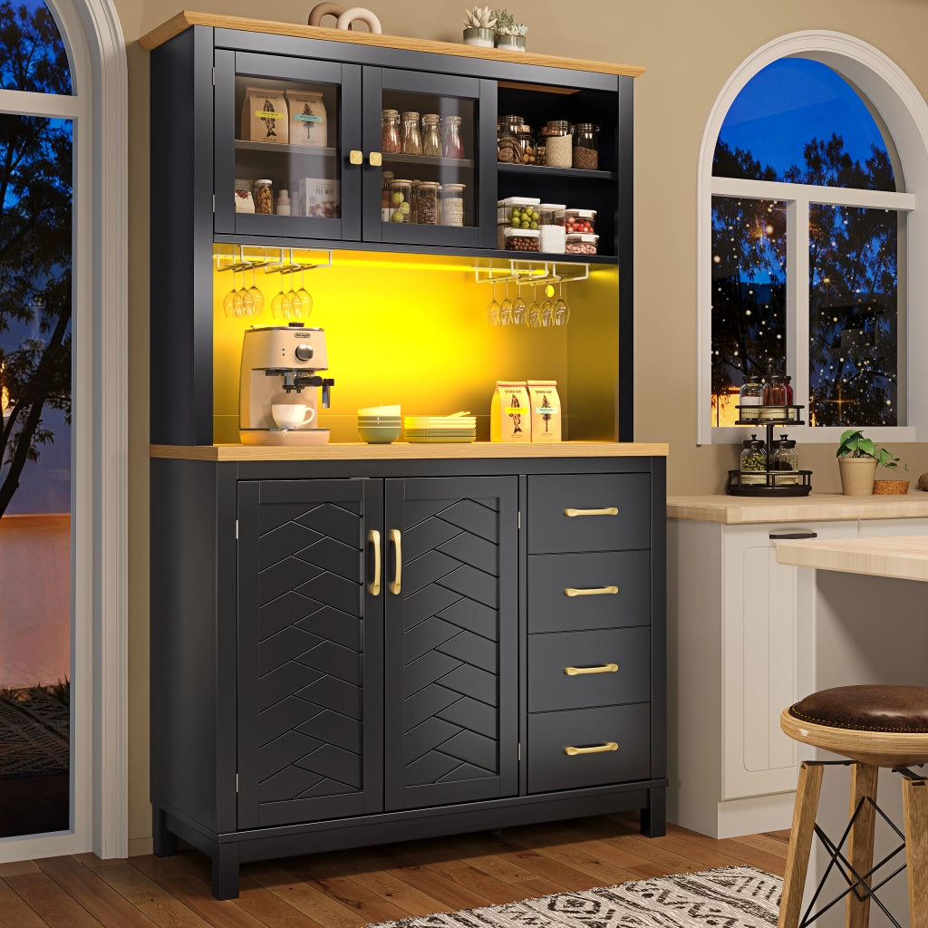 OKWISH Credenza da Cucina con Ante, Cassetti, Ripiani Interni e LED, Stile Retrò Moderno, in MDF, Nero, 105.5×40×180 cm