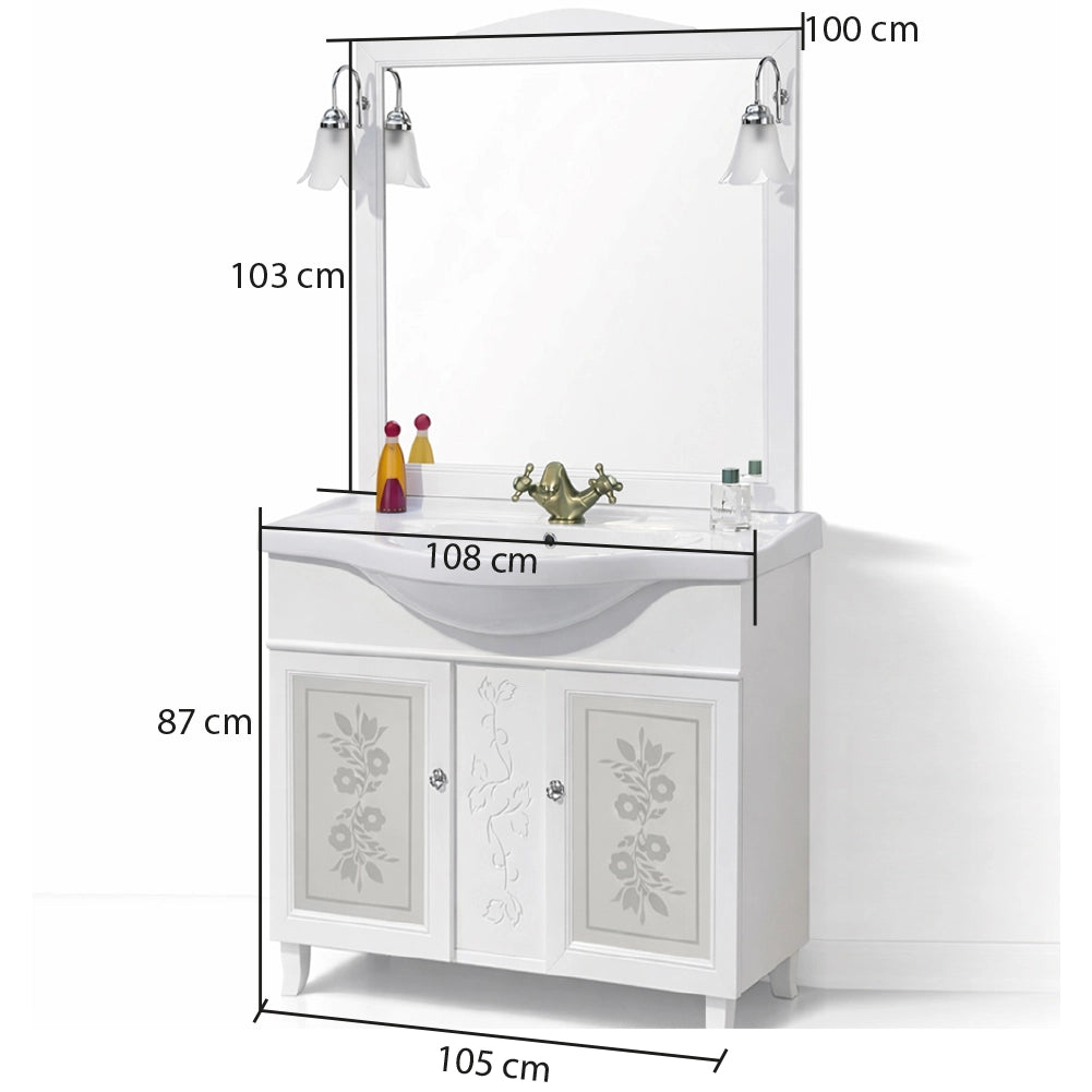 Mobile Da Bagno Bianco Completo Modello Giada Ante Vetro 105cm Legno con Specchio