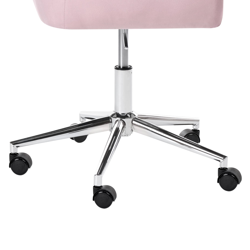 Sedia da ufficio in velluto rosa pastello con meccanismo a gas per la regolazione dell'altezza schienale trapuntato con cristalli e base girevole a 360°
