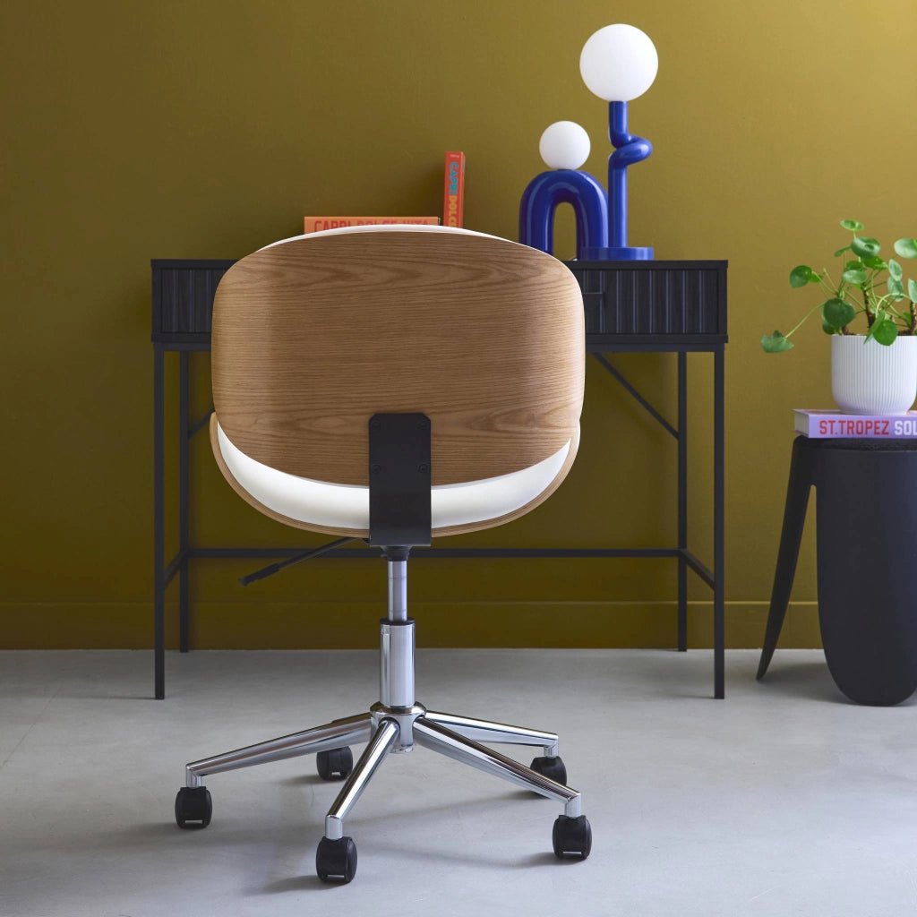 Sedia da ufficio con rotelle, effetto legno curvato e similpelle,