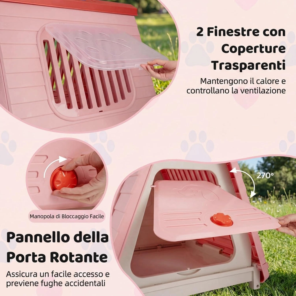 Cuccia Pieghevole per Cani, Casetta in Plastica per Cane con Porta a Battente Bloccabile e Finestre Ventilate, Cucce Impermeabile e Portatile per Cani Piccoli e Medi (Rosa)