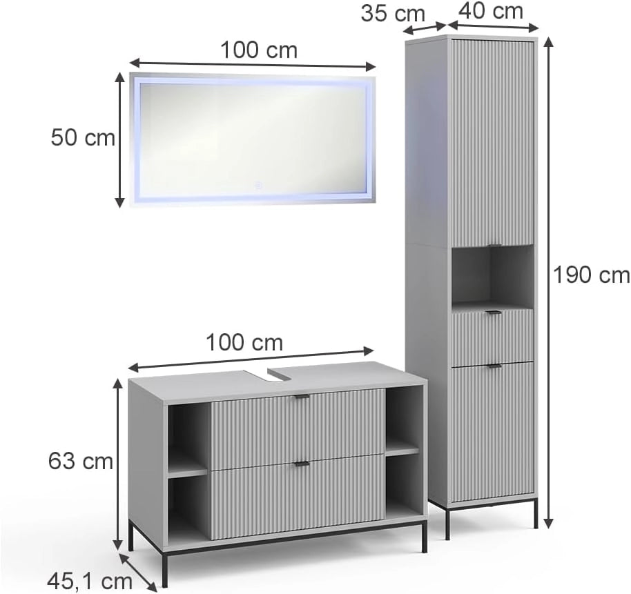 Set di mobili da bagno Eliza, Grigio, 100 cm, composto da mobile sottolavabo, specchiera e colonna alta
