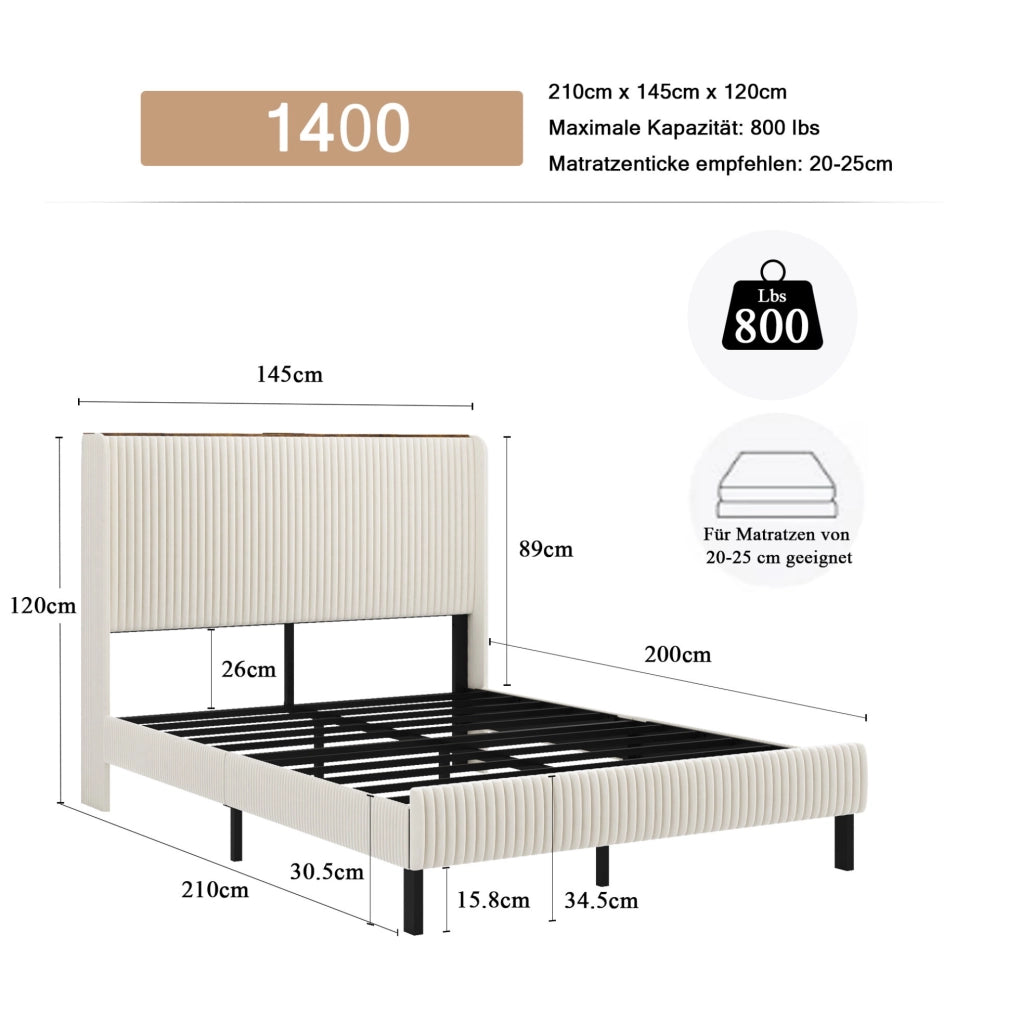 Letto imbottito 140x200 in tessuto effetto velluto con struttura in metallo