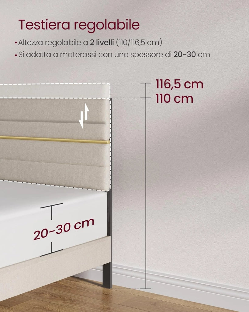 VASAGLE Struttura Letto Matrimoniale, Telaio Letto, per Materasso 140 x 200 cm, Testiera Imbottita Regolabile, Metallo e Legno, Moderno, Beige Cappuccino RMB504LH01