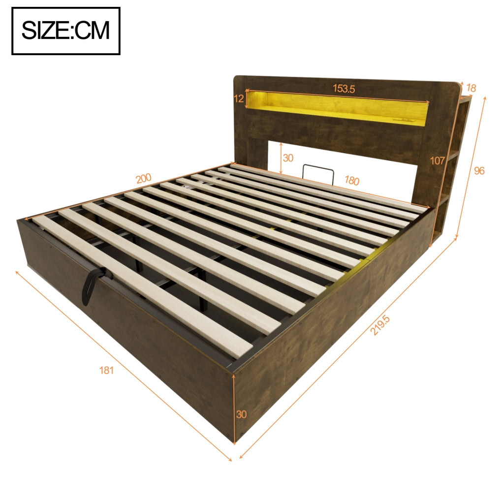 Letto matrimoniale contenitore con sollevamento idraulico; LED e prese integrate; 180x200 cm; legno vintage