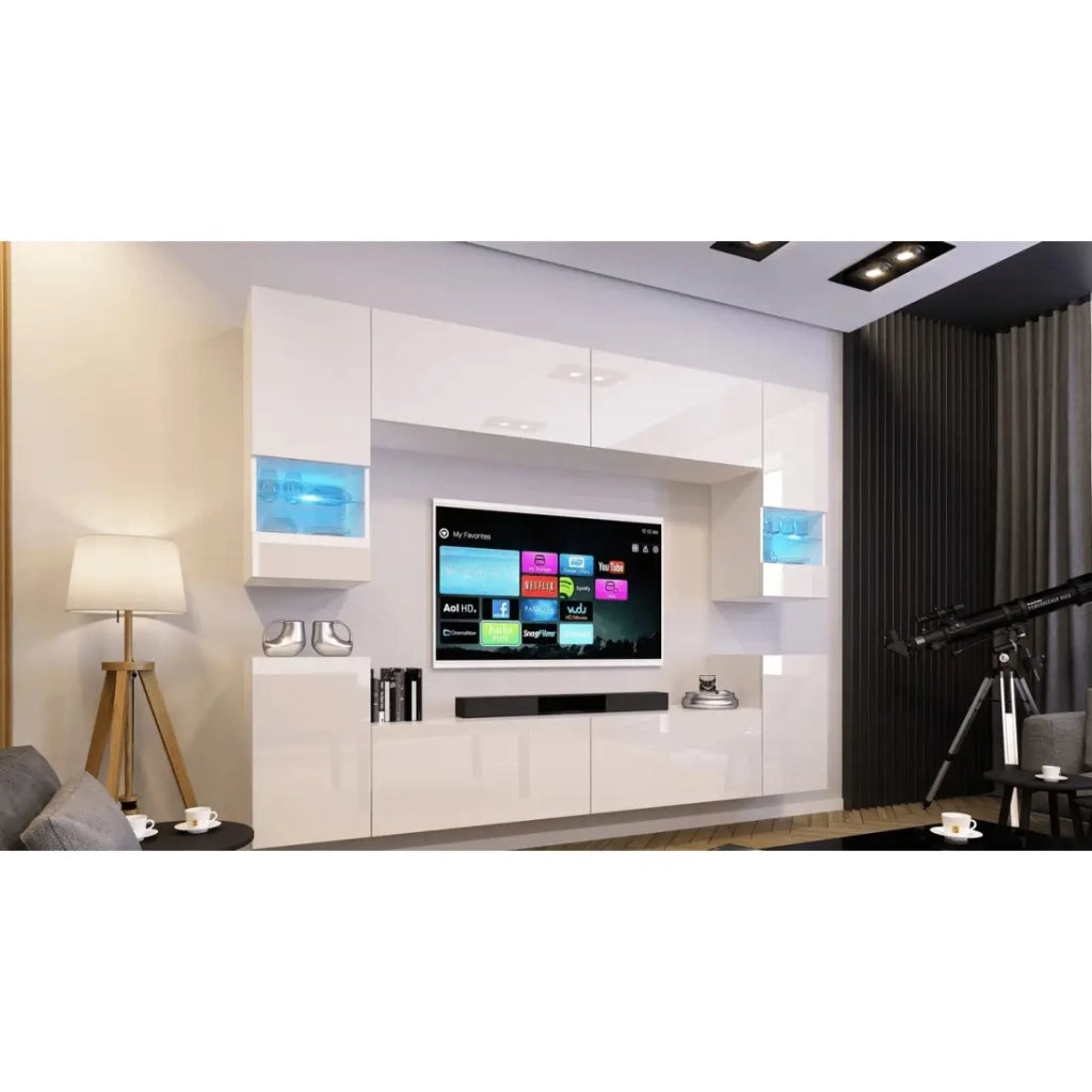 Set di mobili da soggiorno bianchi, sospesi, collezione CEPTO XXVII. 240cm, 8 pezzi, con LED, modulari.