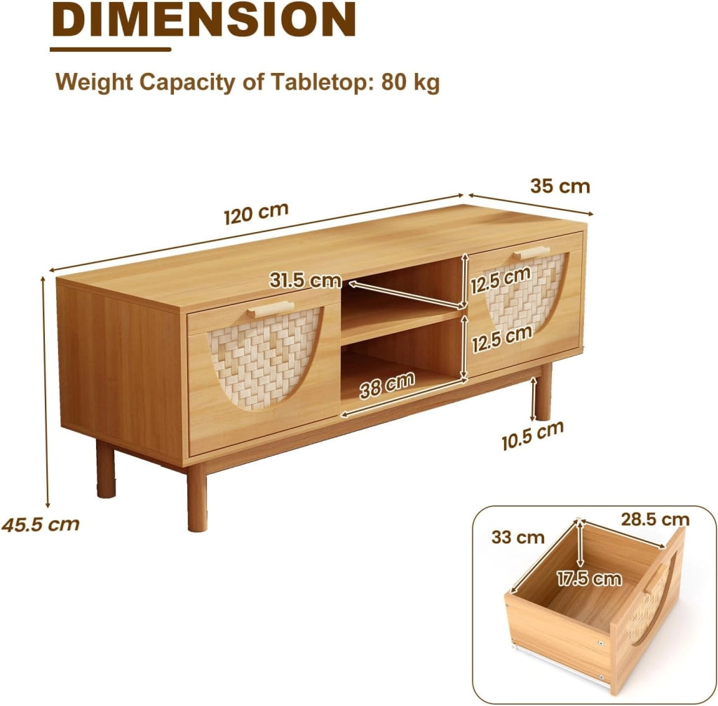 Mobile TV in legno per TV fino a 55", gambe in legno massello, panca TV con 2 cassetti e ripiano aperto a 2 livelli, stile Boemia, 120 x 35 x 45,5 cm, naturale