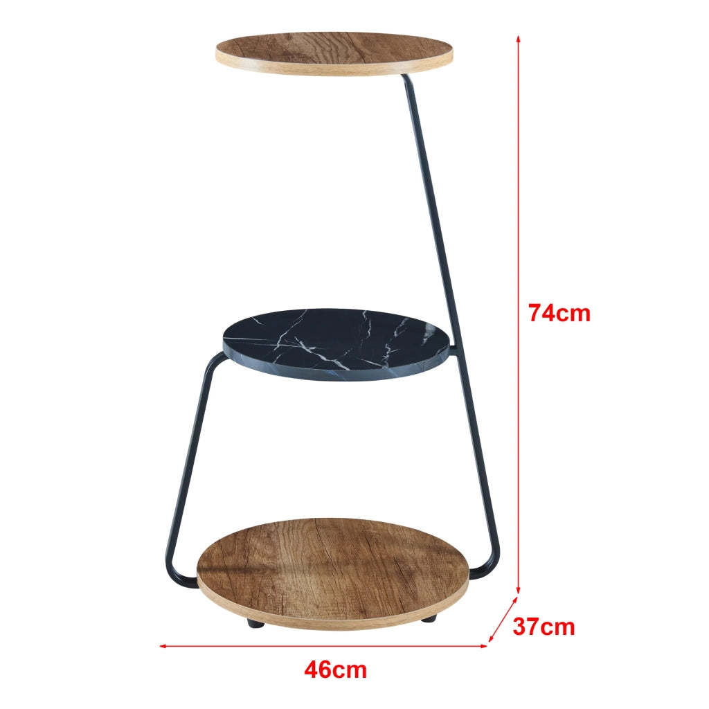 Tavolino laterale a 3 ripiani 74 x 46 x 37 cm noce/marmo nero/effetto nero 03_0008646