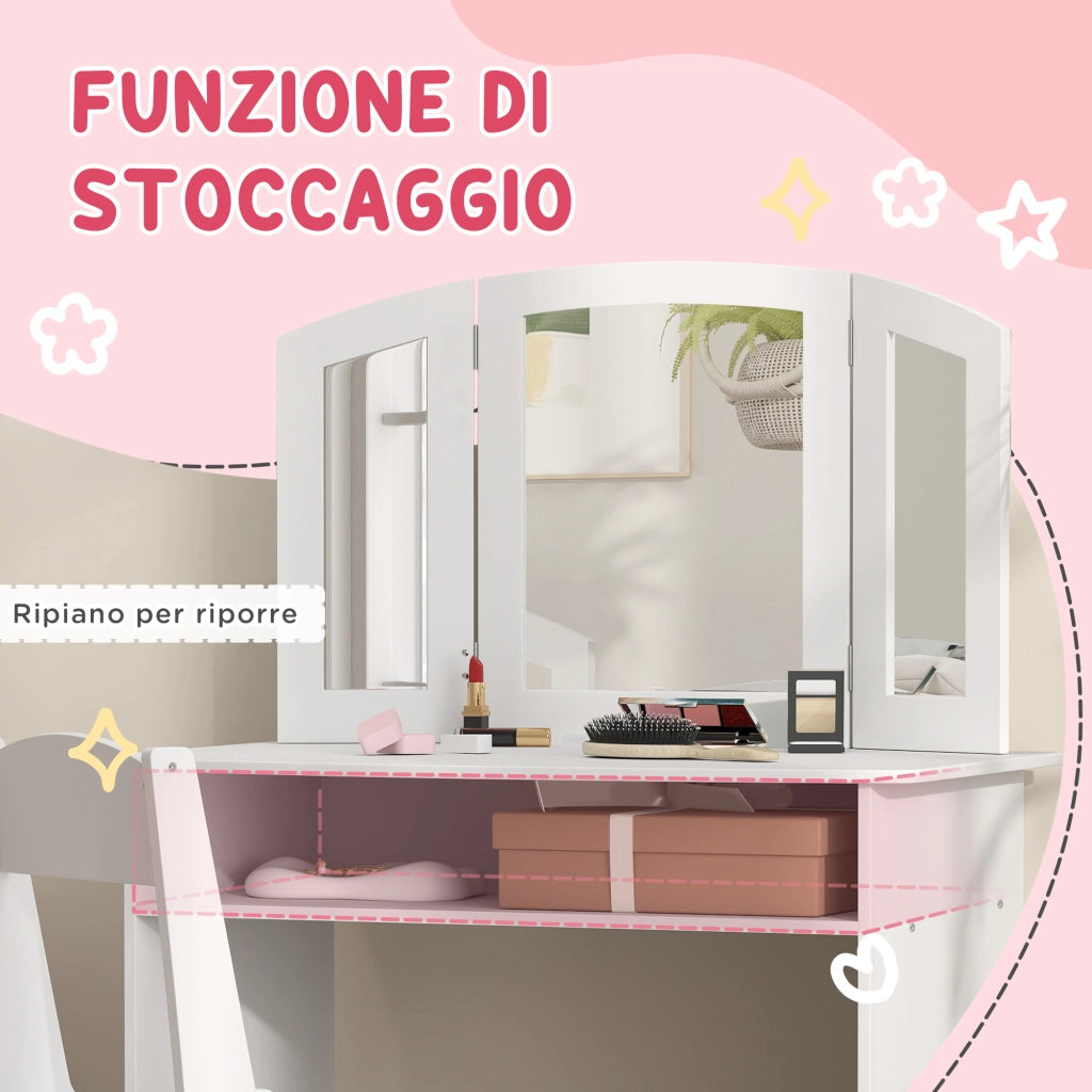 Tavolo trucco bambini con specchio triplo e sedia ¨C zephmum ¨C bianco