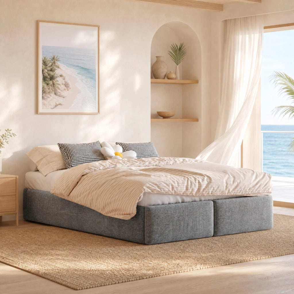 Letto imbottito 140x200 cm senza testiera; con contenitore idraulico e 2 cassetti; grigio