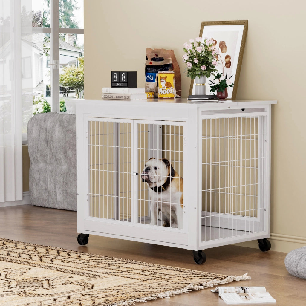 Cassa per cani in stile mobile con doppia porta, apertura superiore ribaltabile, ruote, pannelli in truciolare e acciaio bianco 80 × 56 × 69.5 cm