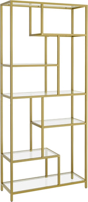 VASAGLE Libreria Scaffale, Libreria Verticale a 6 Ripiani, Porta Piante, 30 x 80 x 180 cm, Vetro Temperato, Studio Soggiorno Camera da Letto Cucina, Oro Metallico LGT502A01