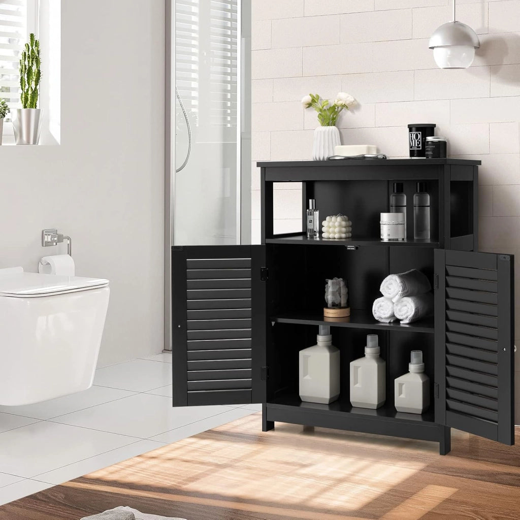 Armadietto da bagno, in legno, con ripiano regolabile in altezza, credenza con 2 ante persiane, mobile per bagno, cucina (nero)
