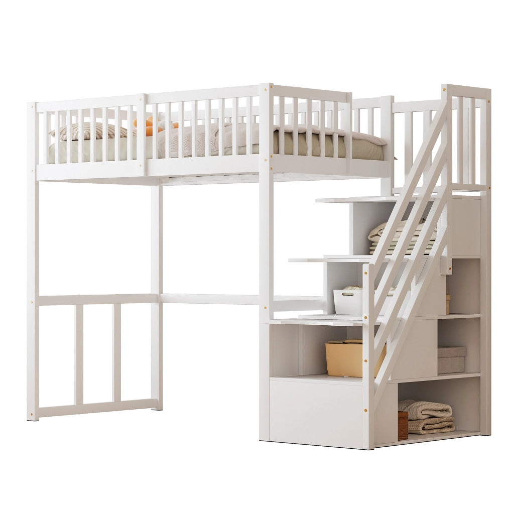 Letto a soppalco 90x200 in legno di pino con scala contenitore e tavolo incluso