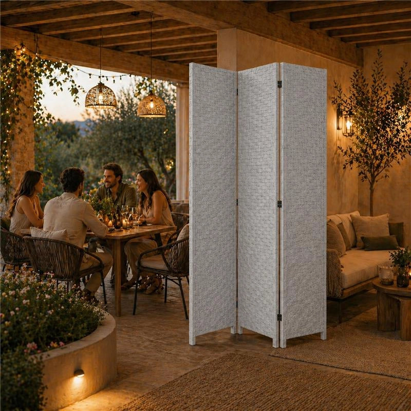 SEPARE' CON TRE PANNELLI IN PLASTICA GRIGIO CON STRUTTURA IN LEGNO MISURE: 180X135CM