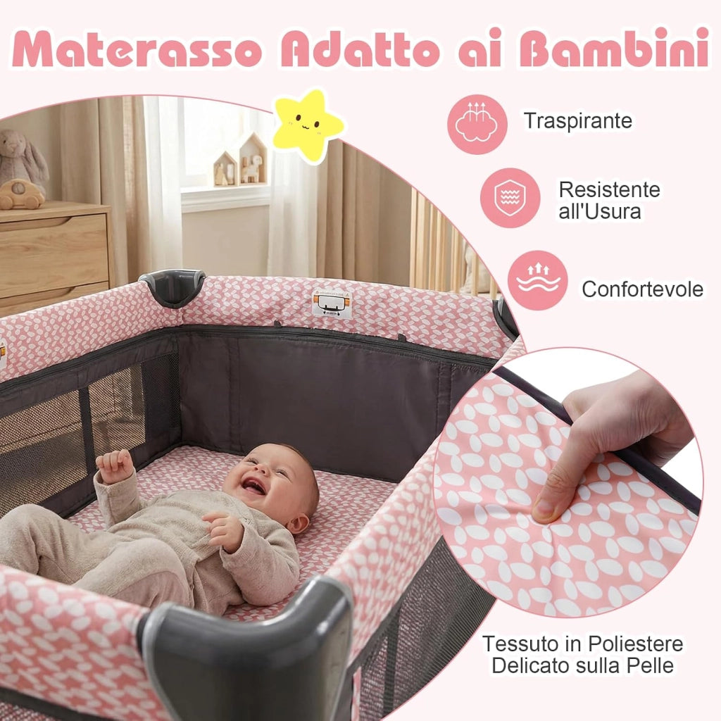 Culla Campeggio Bambini 5 in 1, Lettino Viaggio Neonati Pieghevole con Materasso, Fasciatoio e Tettoia, Box Portatile con Ruote, 2 Giocattoli Appesi e Carillon, per Bambini 0-3 Anni (Rosa)