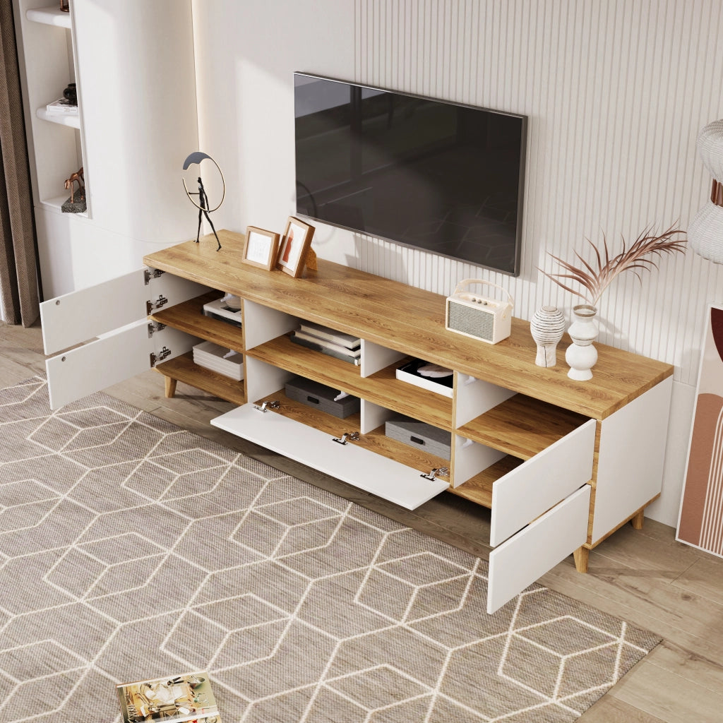 Mobile porta TV moderno con 4 vani e 4 ante in MDF bianco e legno per soggiorno 175 × 37 × 51 cm