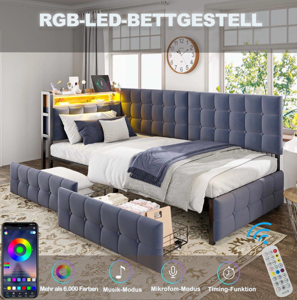 Divano letto imbottito 90x200 cm con 2 cassetti; LED e prese USB/Type-C; tessuto grigio
