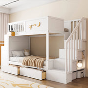 Letto a castello per bambini 90 x 200 cm bianco; legno massiccio di pino; cassetti; scale di sicurezza; scrivania e motivo a stella