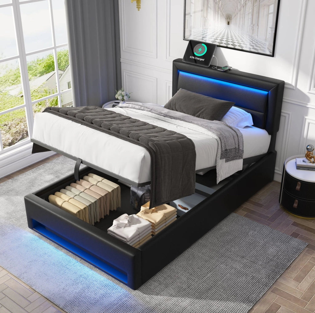 Letto imbottito 90x190 cm in PU con LED; USB e contenitore; nero