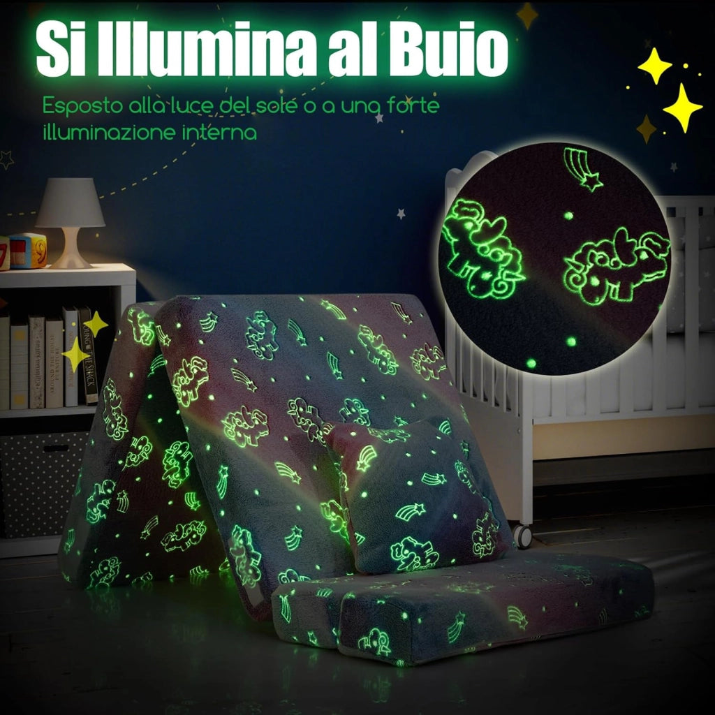 Divano Pieghevole per Bambini, Materasso in Schiuma da Pavimento Luminoso al Buio con Cuscino e Copertura Lavabile in Lavatrice, Letto per Bambina