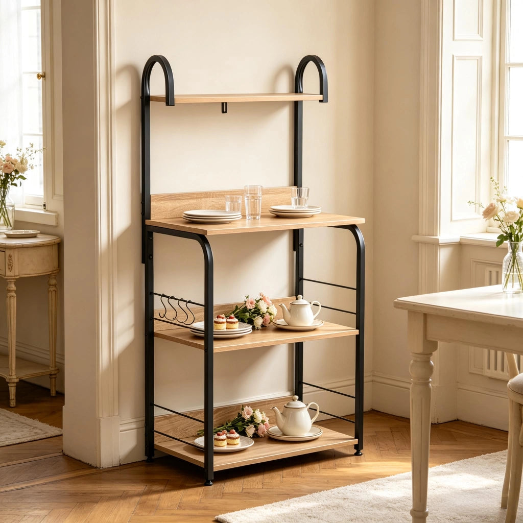 SCAFFALE DA CUCINA 60x40x125 cm Legno naturale e nero con 4 ripiani e 4 ganci
