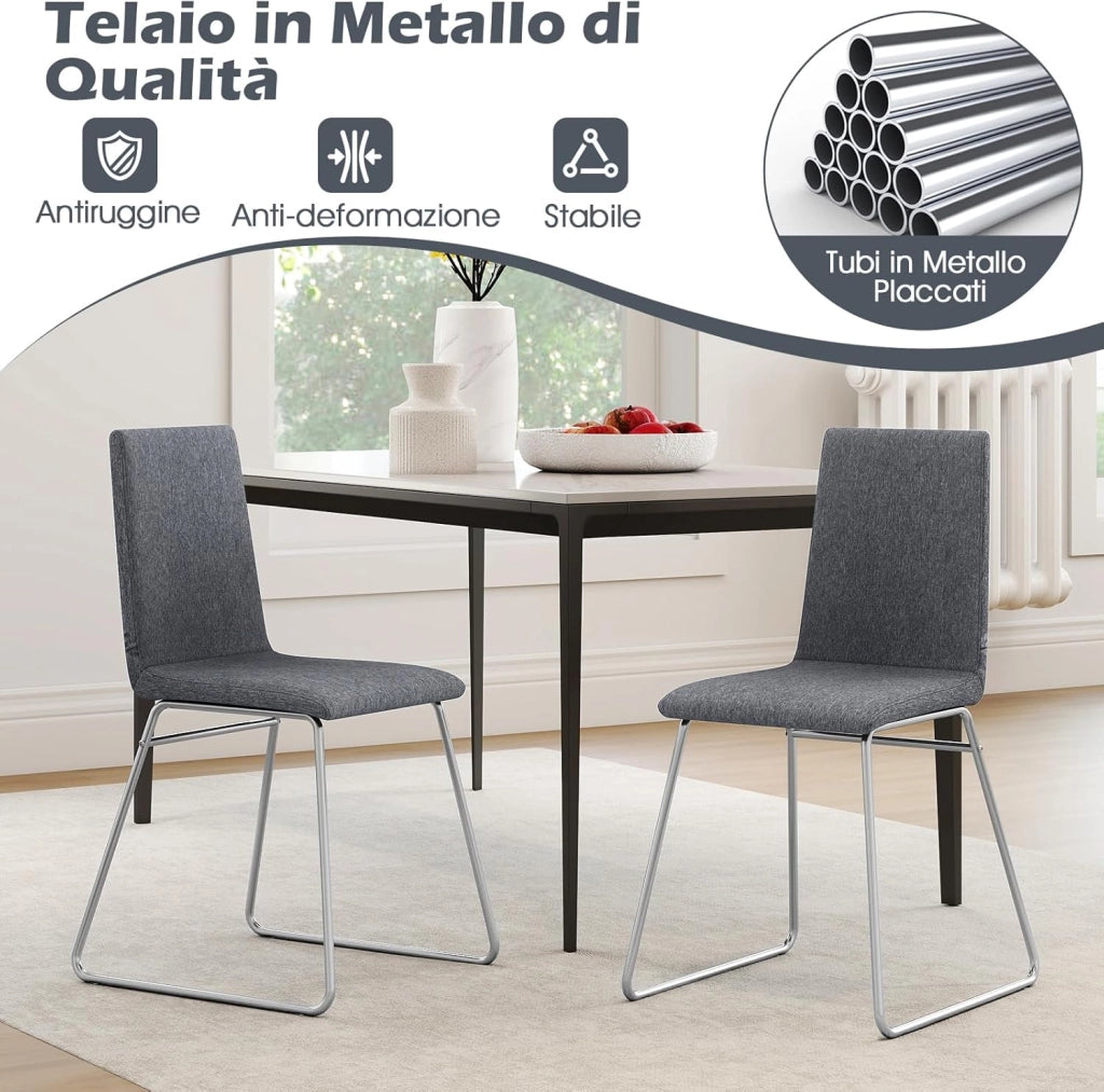 Set di 2 Sedie per Sala da Pranzo 52 x 47 x 88 cm, Sedie Imbottite per Cucina con Schienale Pieghevole e Struttura in Metallo, Adata per Ristorante, Grigio