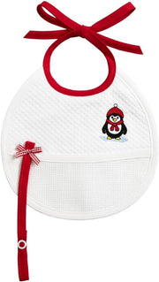 Filet per bambini per ricamo di Natale con catenina e filo di ricamo di un pinguino con sciarpa e cappello rosso, chiusura con nastro, Made in Italy
