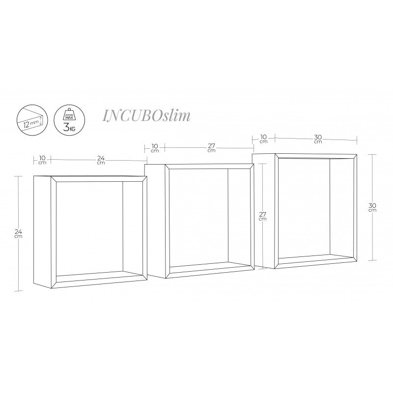 Set di 3 Mensole da Muro, Cubi Arredo, Mensole Cubo, Cubi da Parete, Rosso, 30x30x10cm 27x27x10cm e 24x24x10cm - Incubo Slim