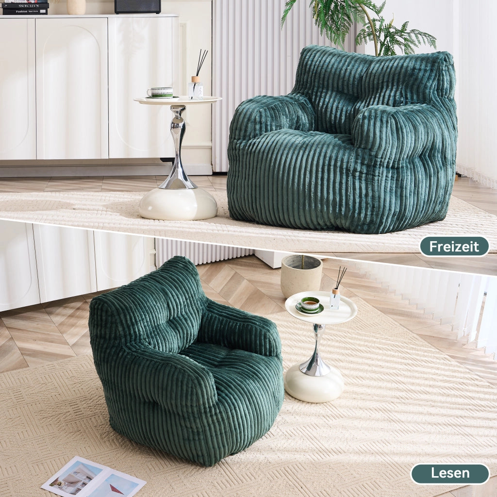Fauteuil pouf in velluto a coste con imbottitura in fiocchi di memory foam per interni, verde 100 × 94 × 70 cm