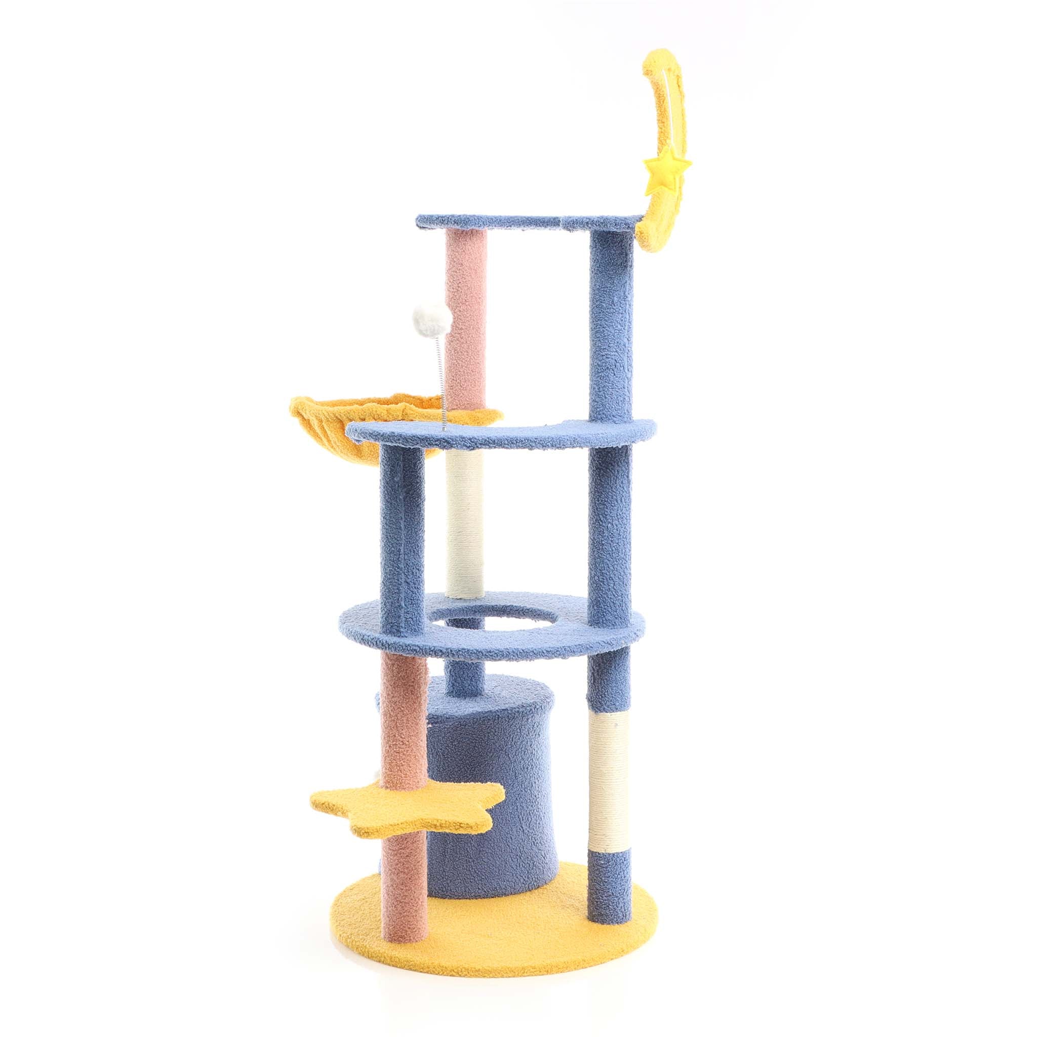 Fudajo Albero tiragraffi con luna e stelle 132cm blu e giallo Con casetta per gatti e sisal