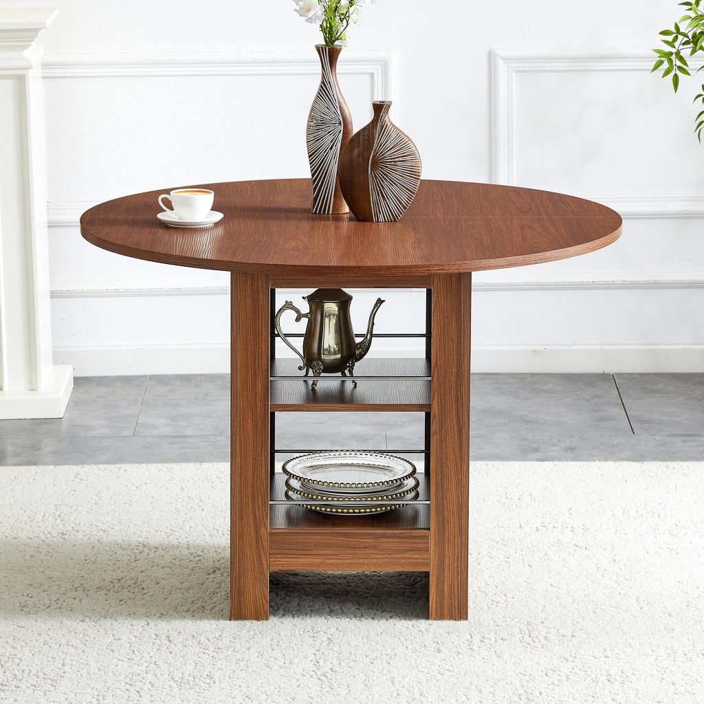 Tavolo da pranzo rotondo con vani aperti in MDF effetto noce, per 4-6 persone, per cucina e sala da pranzo, 100 × 76 cm