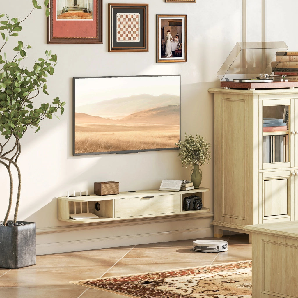 Mobile TV Sospeso con Cassetto e Ripiani Aperti ¨C zephmum ¨C Legno Naturale 120x24x16 cm