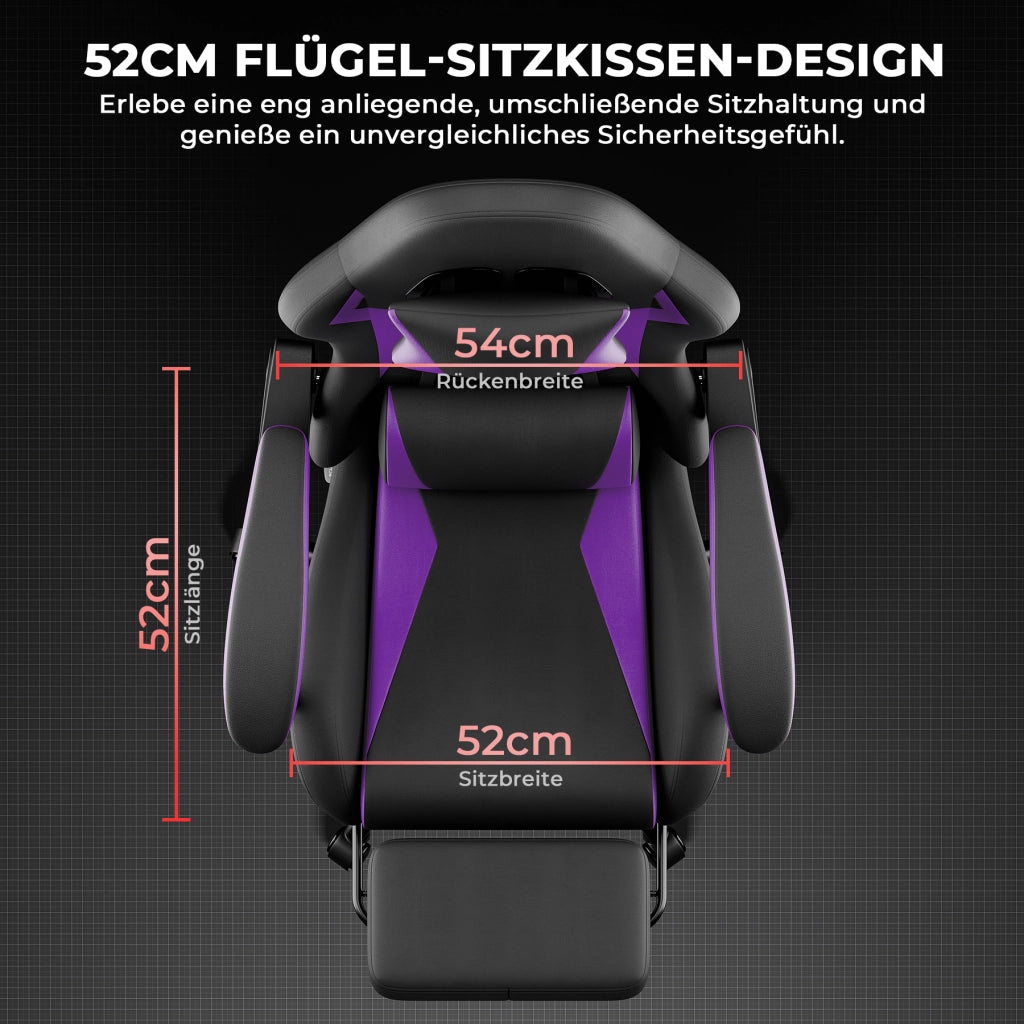 Sedia gaming ergonomica con poggiatesta supporto lombare e poggiapiedi retrattile altezza regolabile in PVC viola e nero