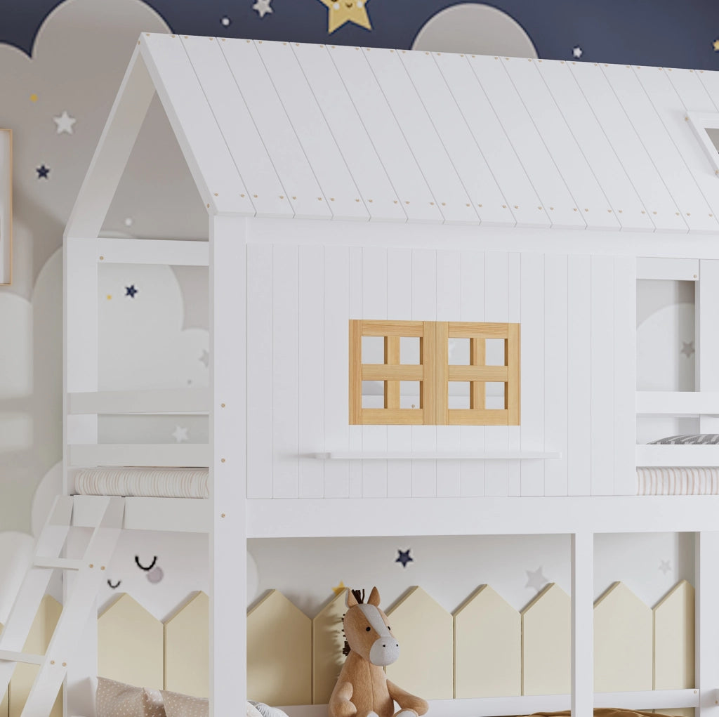 Letto a castello per bambini con finestre, tetto e due cassetti, 90 x 200 cm
