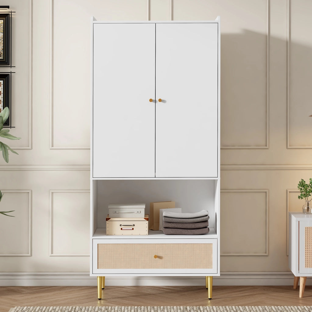 Armadio con 2 ante, cassetto in rattan e asta appendiabiti, per camera da letto e soggiorno, bianco, 80 × 48 × 175 cm