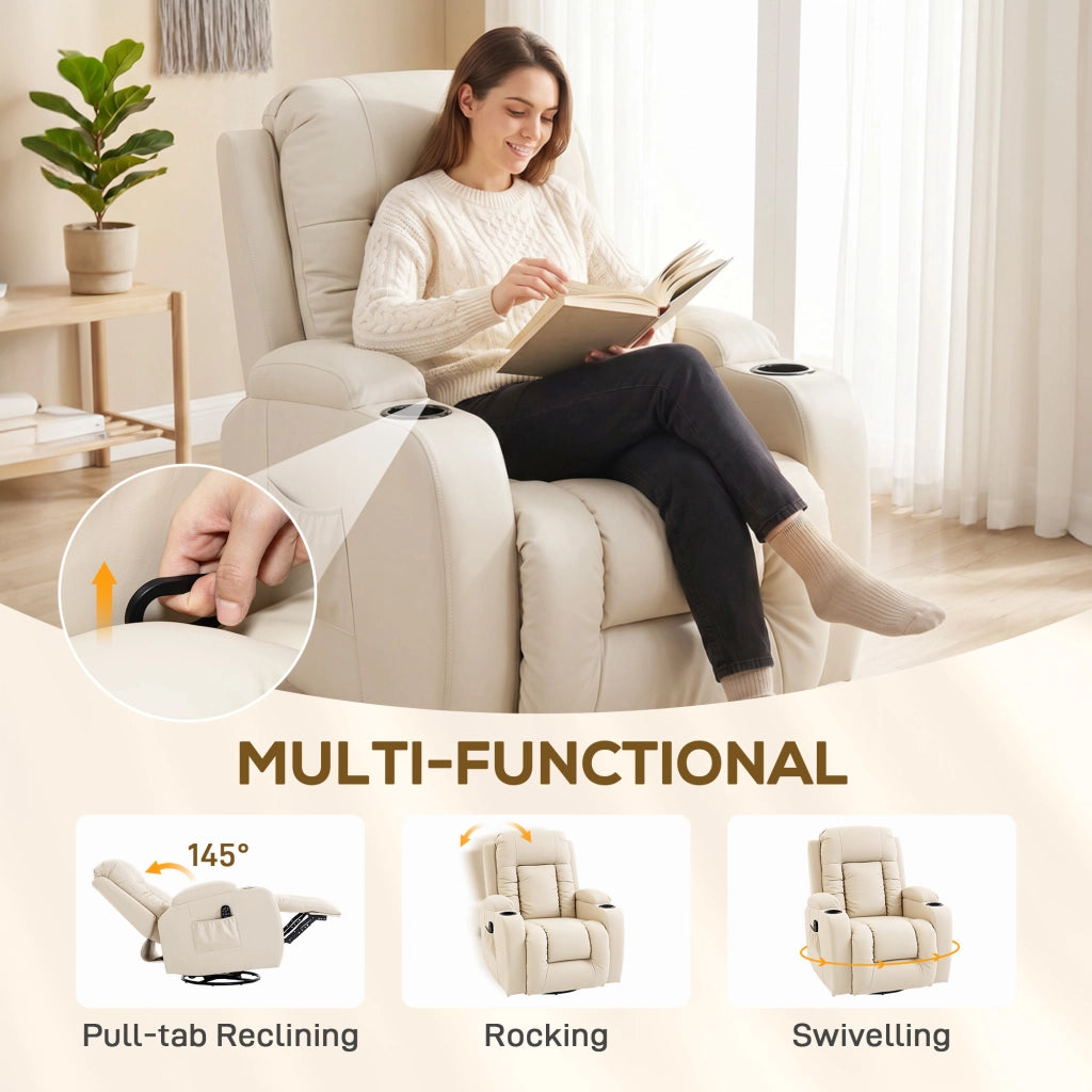 Poltrona Reclinabile Massaggiante Elettrica con Telecomando ¨C Minimal ¨C Pelle PU Crema