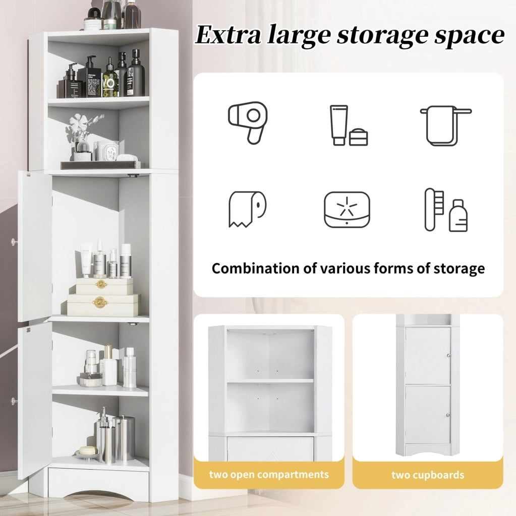 Mobile angolare da bagno triangolare con vani aperti e ripiano regolabile; bianco