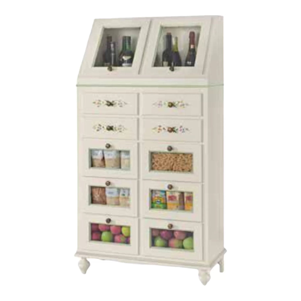 Dispensa 10 cassetti 2 ante legno bianco sporco e profili verdi 80x42x153 (501) - Mobili 2G