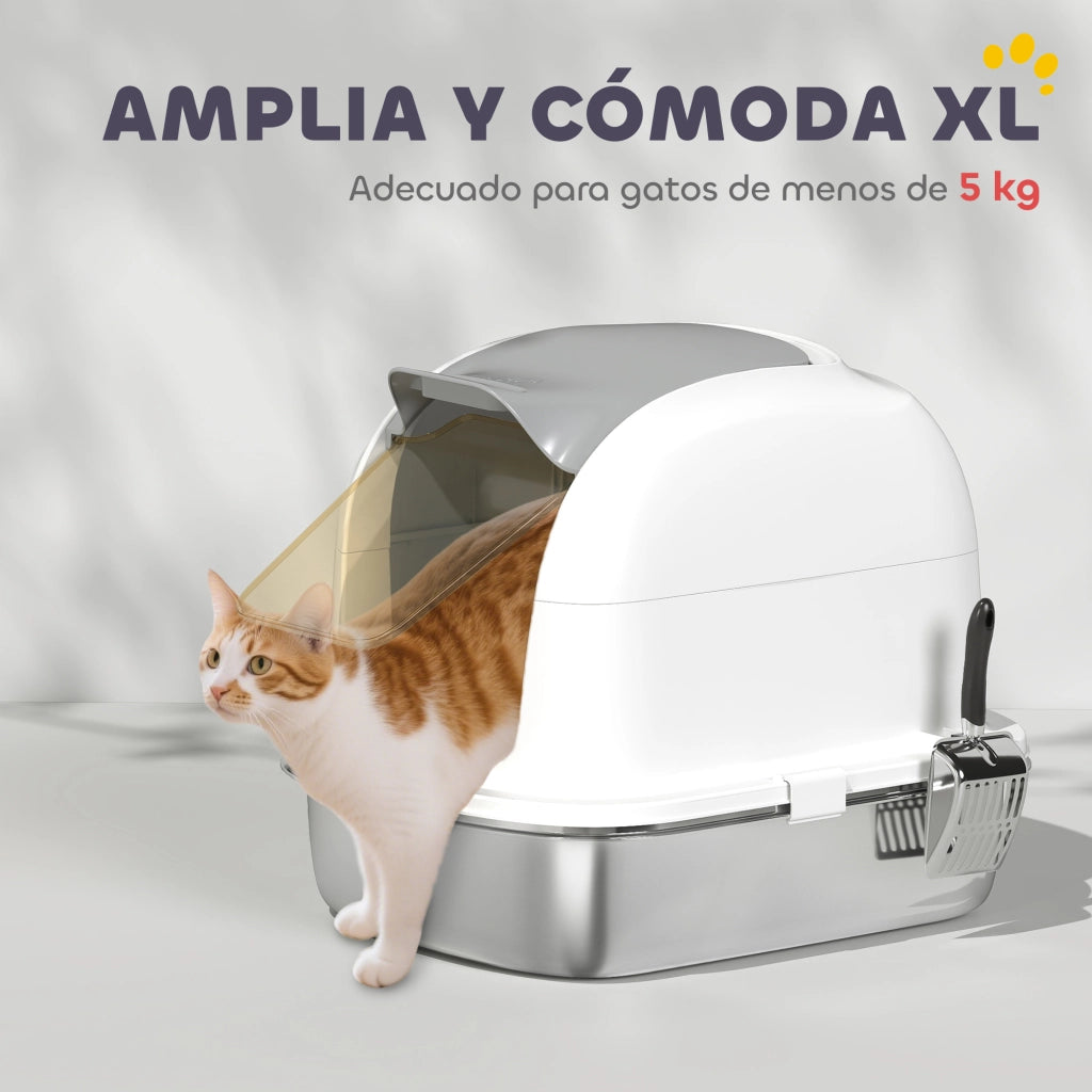 Lettiera per Gatti XL - Xylo - Acciaio Inox, Coperchio Ribaltabile, Entrata Superiore, con Paletta, Bianco