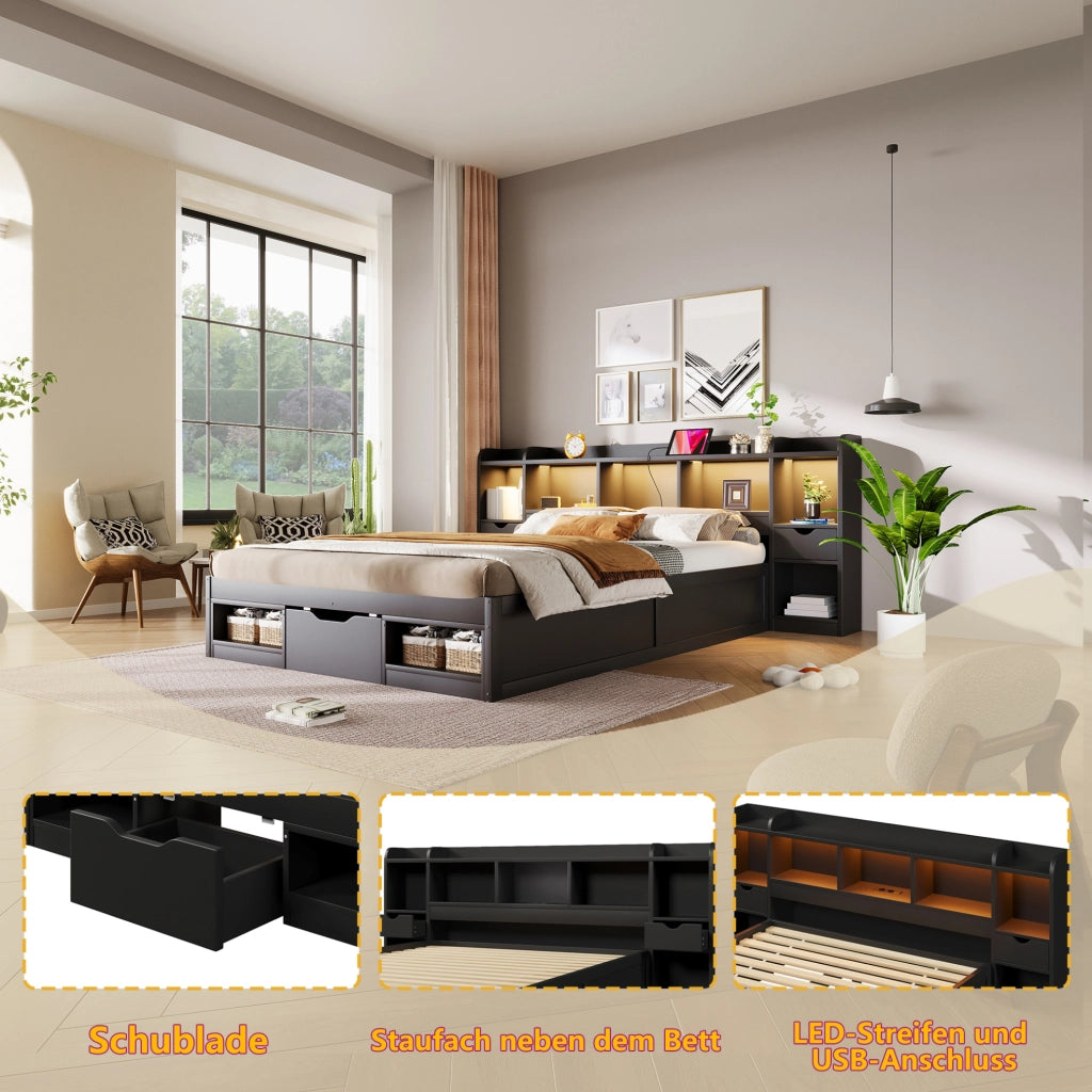 Letto platform 140 x 200 cm con 3 cassetti; vani portaoggetti; LED e USB; nero