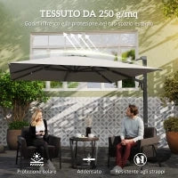 Ombrellone a Sbalzo con Manovella e Base a Croce, in Poliestere, Alluminio e Metallo, 365x297x256 cm, Grigio Chiaro