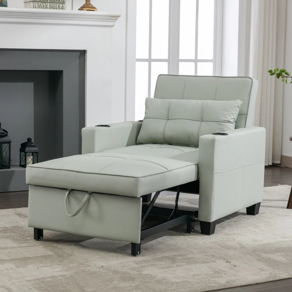 Divano letto singolo 3 in 1 con portabicchieri tasca laterale e schienale regolabile in PU e metallo verde chiaro