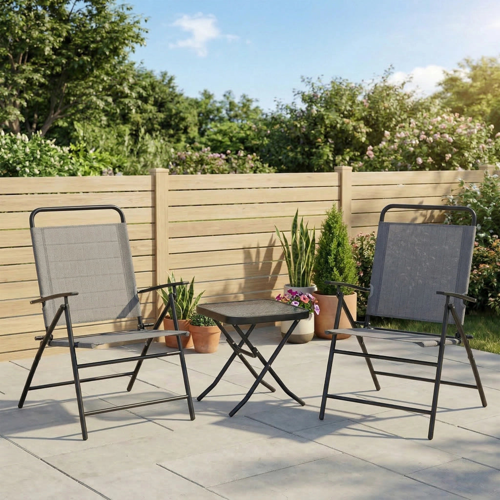 Set Giardino con Tavolo Piano Vetro e 2 Sedie Pieghevoli Schienale Regolabile ¨C Xylo ¨C Grigio