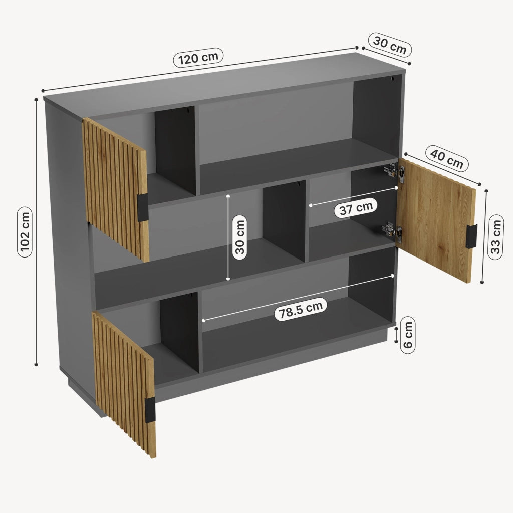Libreria Bassa Verhundar Scaffale a 3 Livelli con Vani Aperti e Chiusi con Ante 102x120x30 cm Grigio / color Legno [en.casa]