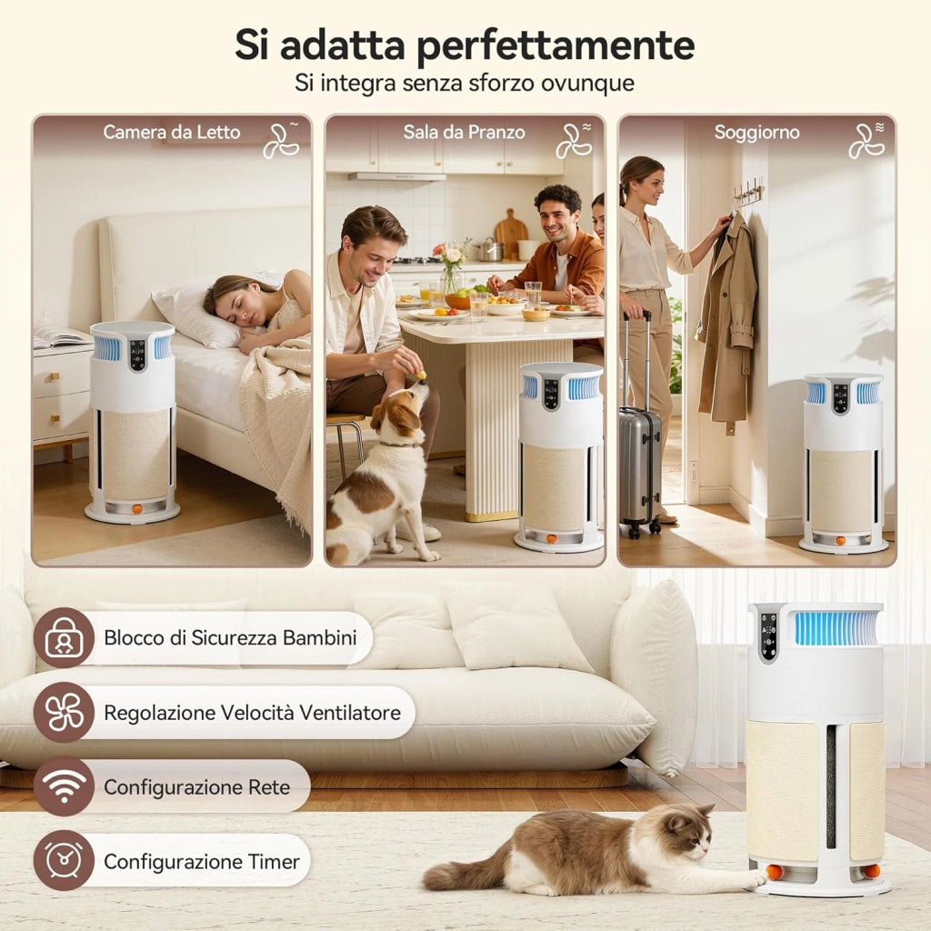 Purificatore d'Aria Intelligente per Pet, Depuratore Aria con Controllo APP Remoto, Trattiene il 99,98% di Muffe, Polvere, Polline e Peli. Completo di Tiragraffi e Giochi, Ideale per Chi Ha Animali