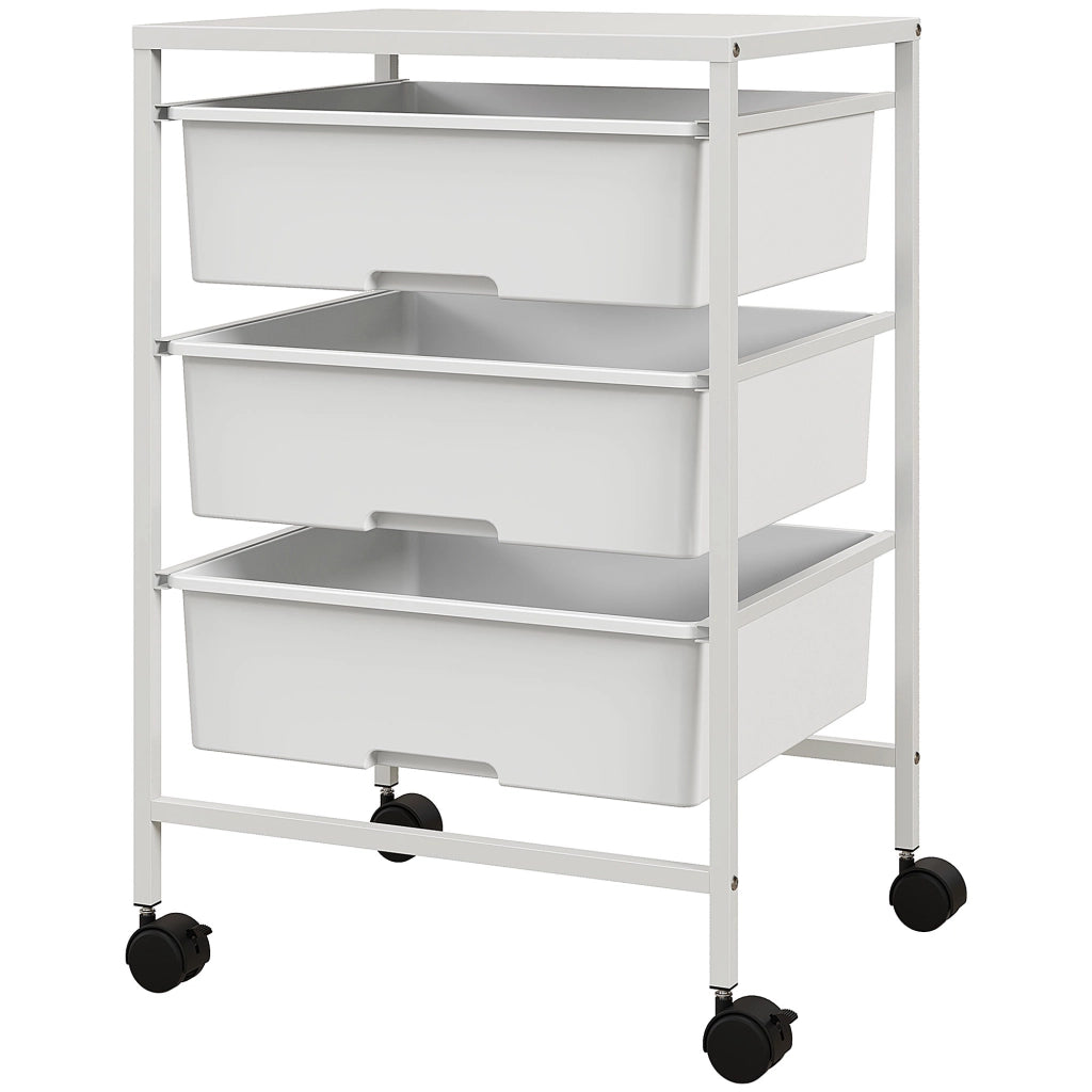 Carrello Multiuso con 3 Cestini Estraibili e Ruote per Cucina e Ufficio in Acciaio e PP, Bianco