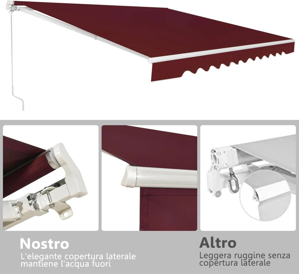 Tenda da Sole per Esterno Avvolgibile 3,6 x 3 M, Tenda da Sole a Bracci Estensibili con Telaio in Alluminio, Tettuccio Resistente al Sole e Impermeabile e Manovella (3,6 x 3 M, Rosso)